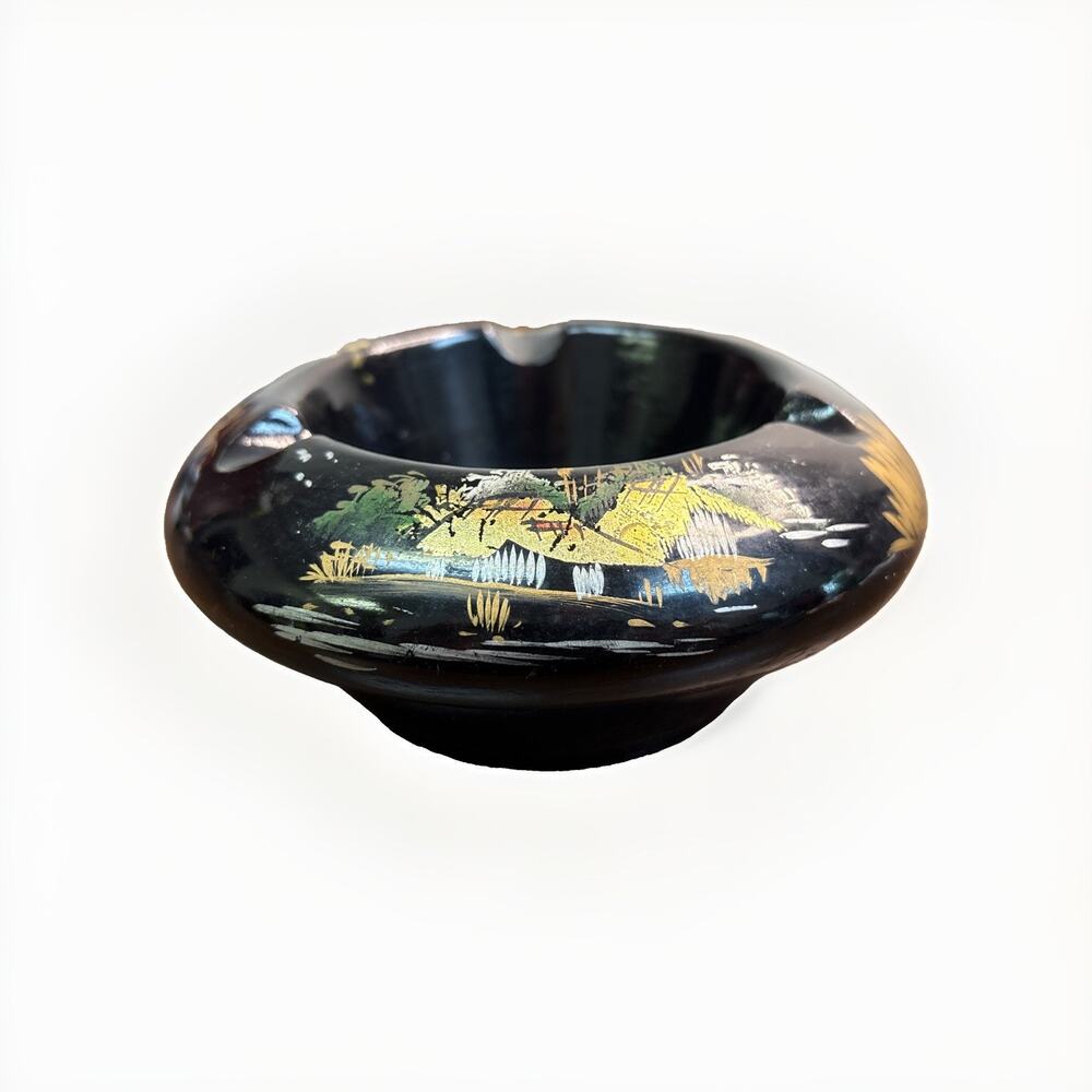 Vintage Japanese Lacquer Ashtray Brass Insert 6.5” Asian Decor